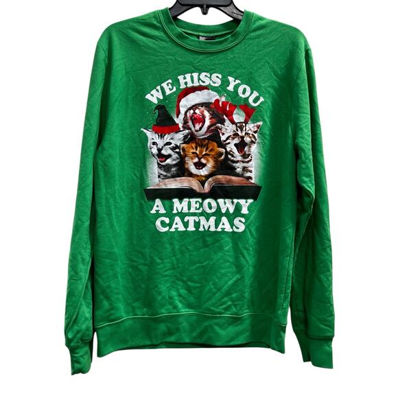 CREEPY CHRISTMAS CATS quirky Kelly green Santa hats sweatshirt SZ S - Picture 1 of 6